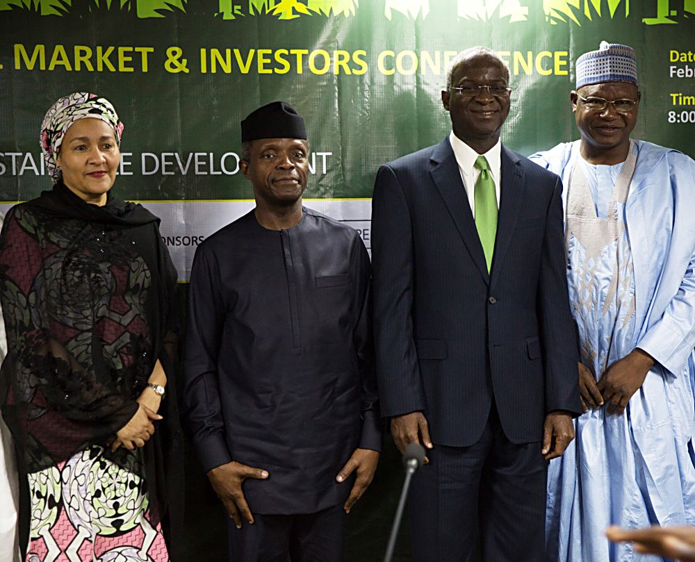 Acting President Prof Yemi Osinbajo SAN2nd leftHon Minister of Power Works  Housing Mr Babatunde FasholaSAN2nd rightMinister of Environment Mrs Amina Mohammedleft and Minister of State Environment Mallam Ibrahim Jibril right in a group photograph shortly after the Opening Session of the Green Bonds Capital Market  Investors Conference organized by the Federal Ministry of Environnment with the theme Green Bonds Investing in Nigerias Sustainable Development at the Stock Exchange House Marina Lagos on Thursday 23rd February 2017