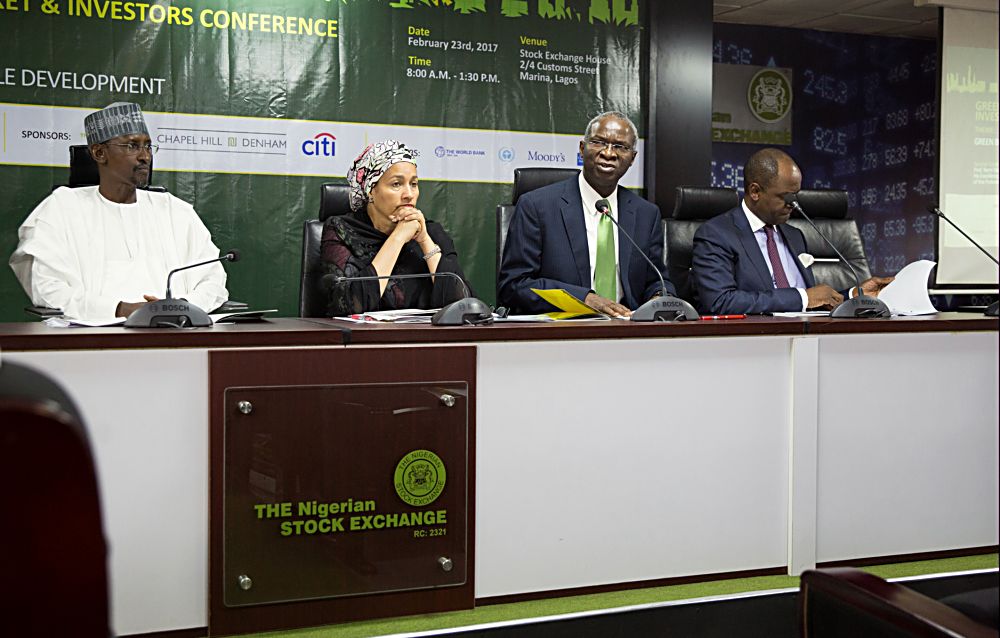 Minister of Power Works  Housing Mr Babatunde FasholaSAN2nd right Minister of Environment Mrs Amina MohammedleftMinister of the Federal Capital Territory Mallam Muhammed Belloleft and CEO Chapel Hill DenhamMr Bolaji Balogun right duringthe Opening Session of the Green Bonds Capital Market  Investors Conference organized by the Federal Ministry of Environment with the theme Green Bonds Investing in Nigerias Sustainable Development at the Stock Exchange House Marina Lagos on Thursday 23rd February 2017