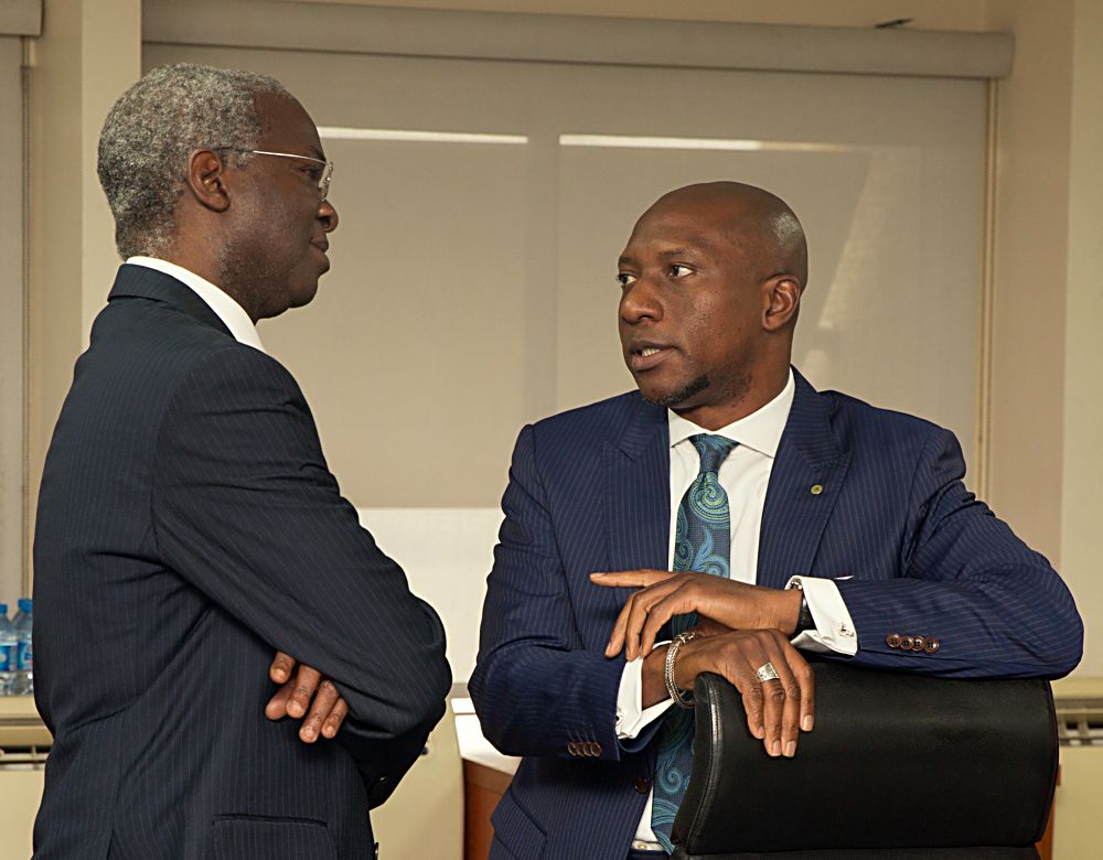 Hon Minister of Power Works  Housing Mr Babatunde FasholaSAN3rd left and CEO The Nigerian Stock Exchange Mr Oscar Onyemaright shortly before the Opening Session of the Green Bonds Capital Market  Investors Conference organized by the Federal Ministry of Environment with the theme Green Bonds Investing in Nigerias Sustainable Development at the Stock Exchange House Marina Lagos on Thursday 23rd February 2017