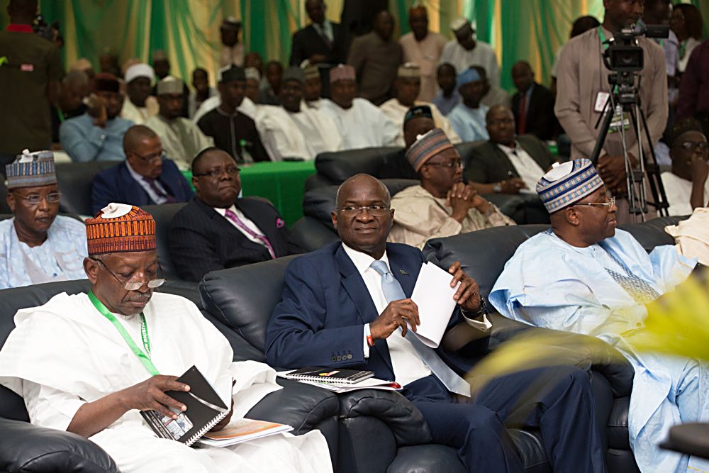 Hon Minister of Power Works  Housing Mr Babatunde Fashola SANmiddle Chairman Urban Shelter Ltd Mallam Ibrahim Aliyuleft and Governor of Bauchi State Mr Muhammed Abdullahi Abubakarright during the 11th Abuja Housing Show on the theme Solving Nigerias Housing Challenge through Innovative Finance and Infrastructure Solutions organized by Fesadeb Media Group at the International  Conference Centre Abuja on Monday 17th July 2017