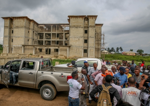 Hon Minister of Power Works  Housing Mr Babatunde Fashola SANmiddle  flanked byFederal Controller of HousingTeam Leader in Akwa Ibom State ArcAqua Uzodinma2nd right Secretary toAkwa IbomState Government Dr Emmanuel Ekuwem right and otherswhile speaking withJournalists shortly afterinspecting theongoing construction of Storey Building2Bedroom and 3Bedroom Semi DetachedBungalowsunder the Federal Governments National Housing ProgrammeinIkot Ntuen Nsit  Affia Nsit Uyo Akwa Ibom State on Sunday 11th March 2018