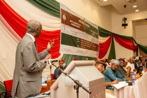 Hon Minister of Power Works  Housing Mr Babatunde FasholaSANleft makinghis presentationatthe 2018 National Budget Hearing of the Senate and House of Representatives Joint Committees on Appropriations at the Conference Room 022 Ground Floor Senate New Building National Assembly Complex on Tuesday 27th March 2018