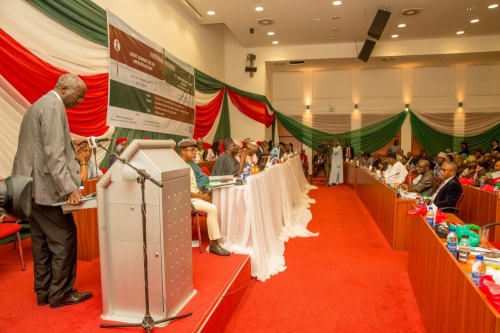 Hon Minister of Power Works  Housing Mr Babatunde FasholaSANleft makinghis presentationatthe 2018 National Budget Hearing of the Senate and House of Representatives Joint Committees on Appropriations at the Conference Room 022 Ground Floor Senate New Building National Assembly Complex on Tuesday 27th March 2018