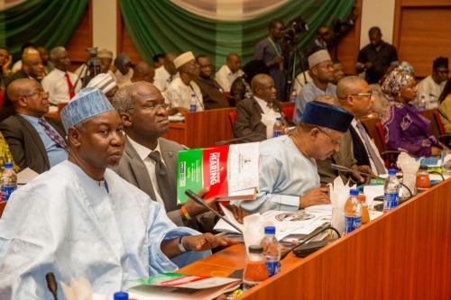 Hon Minister of Power Works  Housing Mr Babatunde FasholaSANmiddle Minister of State Surv Suleiman Zarma Hassanleft and Minister of State for Health Dr Osagie Ehanire right duringthe2018 National Budget Hearing of the Senate and House of Representatives Joint Committees on Appropriations at the Conference Room 022 Ground Floor Senate New Building National Assembly Complex on Tuesday 27th March 2018