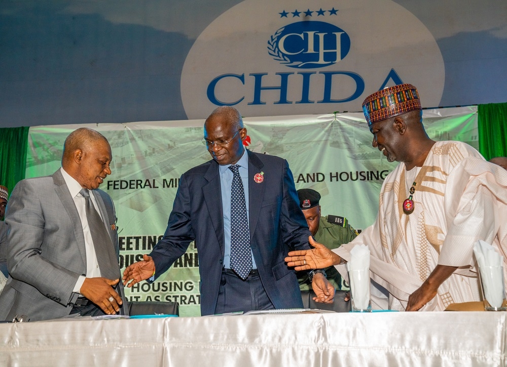 Hon  Minister of Works   Housing  Mr Babatunde Fashola SAN middle   Minister of State in the Ministry  Engr  Abubakar Aliyu  right  and   representative of Minister of the Federal Capital Territory and Executive Secretary FCTA  Engr  Gambo Jibril  during  the 8th Meeting of the National Council on Lands  Housing and Urban Development with the theme   Housing Development and Consumer Credit as Strategies for National Prosperity   held at the Main Auditorium  Chida Hotel   Utako District  Federal Capital Territory  Abuja on Thursday 7th  November 2019