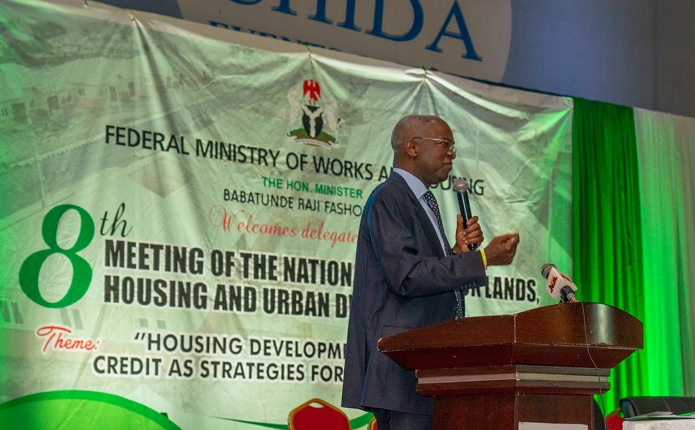 Hon  Minister of Works   Housing  Mr Babatunde Fashola SAN  left  addressing the participants during    the 8th Meeting of the National Council on Lands  Housing and Urban Development with the theme   Housing Development and Consumer Credit as Strategies for National Prosperity   held at the Main Auditorium  Chida Hotel   Utako District  Federal Capital Territory  Abuja on Thursday 7th  November 2019