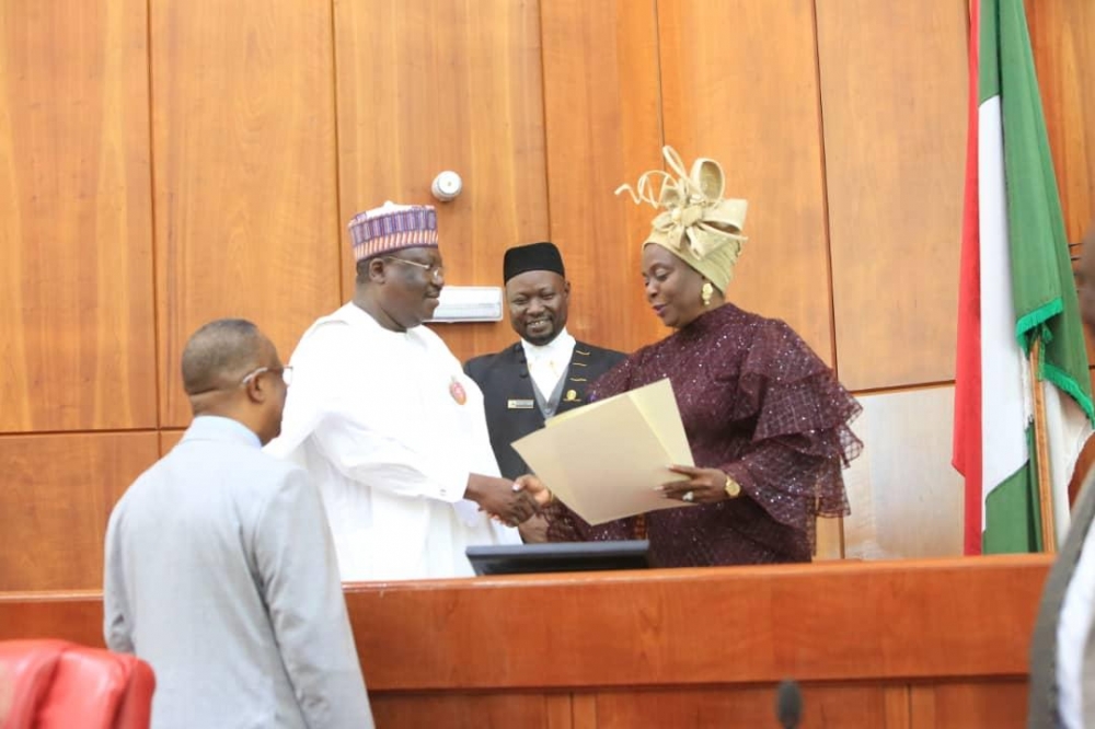 President of the Senate  Ahmad Lawan  during the swearing in of the senator representing Ekiti South Senatorial District  Senator Biodun Olujimi  at the National Assembly on Thursday  November 14  2019