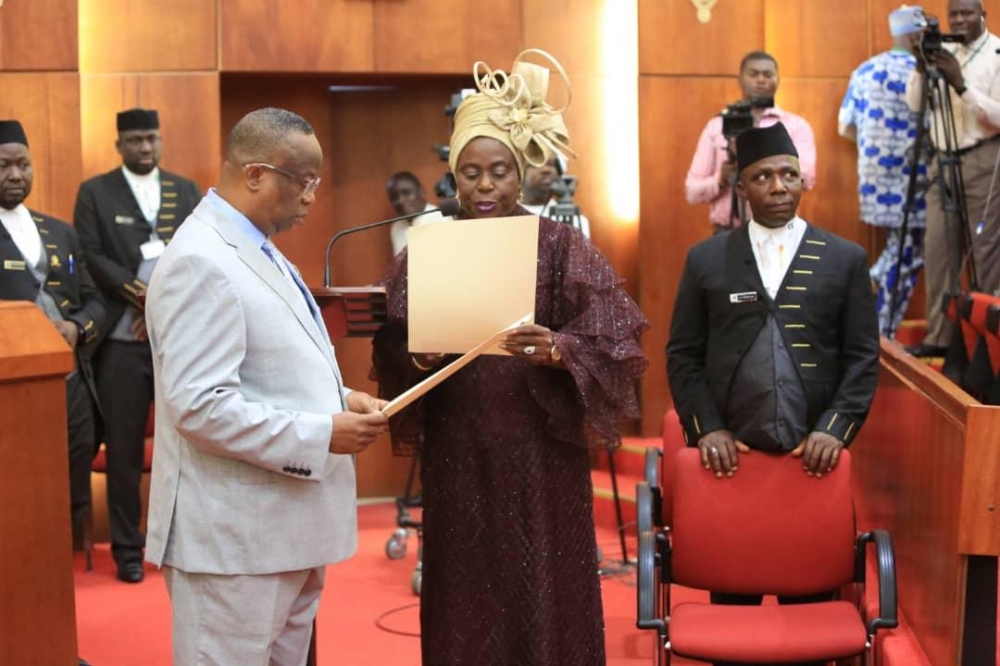 President of the Senate  Ahmad Lawan  during the swearing in of the senator representing Ekiti South Senatorial District  Senator Biodun Olujimi  at the National Assembly on Thursday  November 14  2019