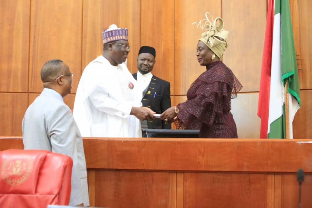 President of the Senate  Ahmad Lawan  during the swearing in of the senator representing Ekiti South Senatorial District  Senator Biodun Olujimi  at the National Assembly on Thursday  November 14  2019