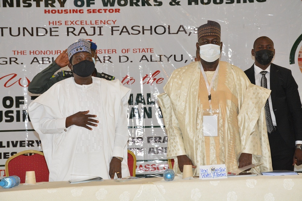 The Hon Minister of Works and Housing, Engr. Abubakar D. Aliyu, FNSE, His Excellency, the Executive Governor of Plateau State, Rt. Hon. Simon Bako Lalong, KSGG, the Permanent Secretary, Federal Ministry of Works and Housing, Babangida Hussaini at the 9th National Council on Lands, Housing &amp; Urban Development (Meeting of the Honourable Minister and Honourable Commissioners) with theme: &quot;Housing Delivery in the Covid-19 Era &amp; Beyond: The Strategies for Affordability &amp; Accessibility&quot; holding in Jos, Plateau State on the 29th April, 2021