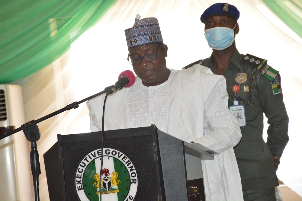 The Hon Minister of Works and Housing, Engr. Abubakar D. Aliyu, FNSE, His Excellency, the Executive Governor of Plateau State, Rt. Hon. Simon Bako Lalong, KSGG, the Permanent Secretary, Federal Ministry of Works and Housing, Babangida Hussaini at the 9th National Council on Lands, Housing &amp; Urban Development (Meeting of the Honourable Minister and Honourable Commissioners) with theme: &quot;Housing Delivery in the Covid-19 Era &amp; Beyond: The Strategies for Affordability &amp; Accessibility&quot; holding in Jos, Plateau State on the 29th April, 2021