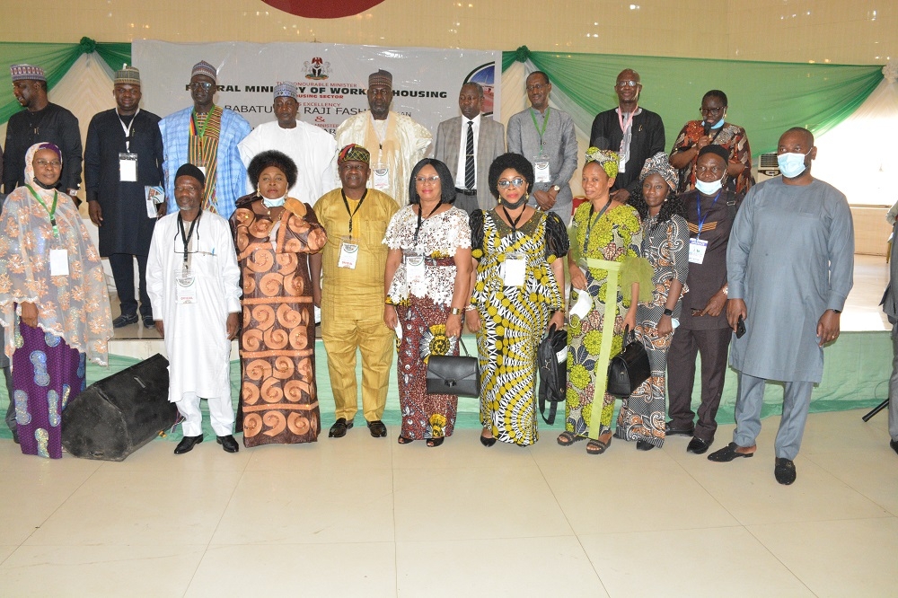 The Hon Minister of Works and Housing, Engr. Abubakar D. Aliyu, FNSE, His Excellency, the Executive Governor of Plateau State, Rt. Hon. Simon Bako Lalong, KSGG, the Permanent Secretary, Federal Ministry of Works and Housing, Babangida Hussaini at the 9th National Council on Lands, Housing &amp; Urban Development (Meeting of the Honourable Minister and Honourable Commissioners) with theme: &quot;Housing Delivery in the Covid-19 Era &amp; Beyond: The Strategies for Affordability &amp; Accessibility&quot; holding in Jos, Plateau State on the 29th April, 2021