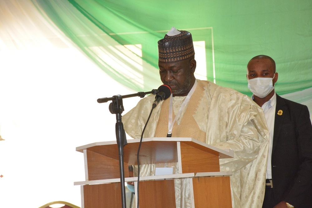 The Hon Minister of Works and Housing, Engr. Abubakar D. Aliyu, FNSE, His Excellency, the Executive Governor of Plateau State, Rt. Hon. Simon Bako Lalong, KSGG, the Permanent Secretary, Federal Ministry of Works and Housing, Babangida Hussaini at the 9th National Council on Lands, Housing &amp; Urban Development (Meeting of the Honourable Minister and Honourable Commissioners) with theme: &quot;Housing Delivery in the Covid-19 Era &amp; Beyond: The Strategies for Affordability &amp; Accessibility&quot; holding in Jos, Plateau State on the 29th April, 2021