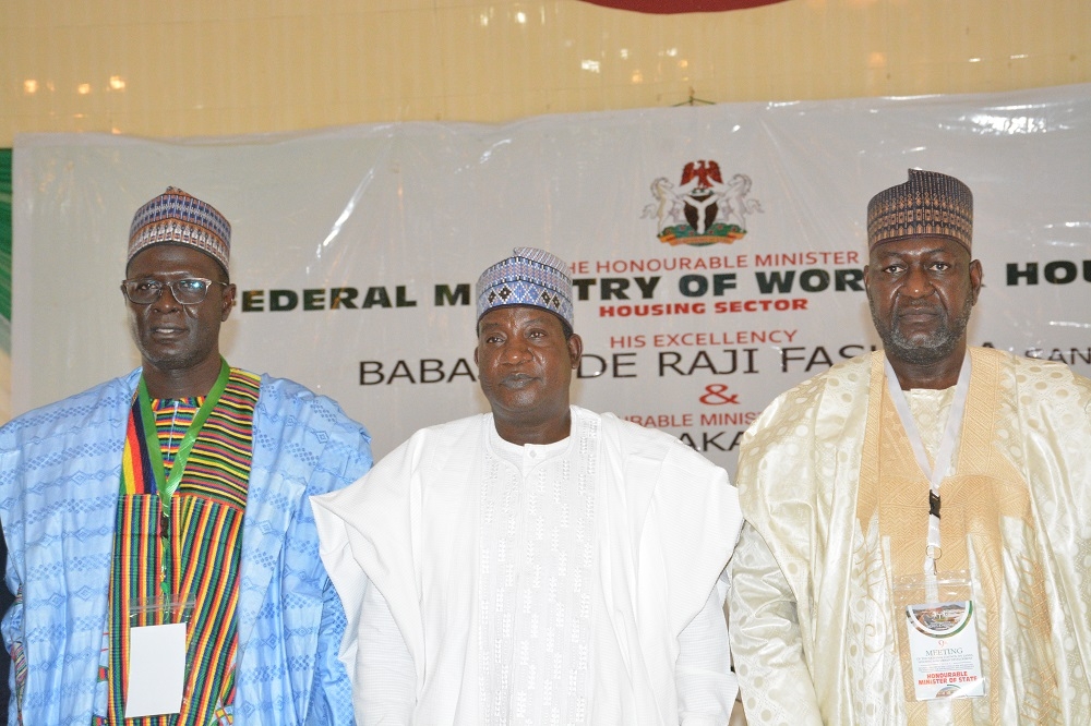 The Hon Minister of Works and Housing, Engr. Abubakar D. Aliyu, FNSE, His Excellency, the Executive Governor of Plateau State, Rt. Hon. Simon Bako Lalong, KSGG, the Permanent Secretary, Federal Ministry of Works and Housing, Babangida Hussaini at the 9th National Council on Lands, Housing &amp; Urban Development (Meeting of the Honourable Minister and Honourable Commissioners) with theme: &quot;Housing Delivery in the Covid-19 Era &amp; Beyond: The Strategies for Affordability &amp; Accessibility&quot; holding in Jos, Plateau State on the 29th April, 2021