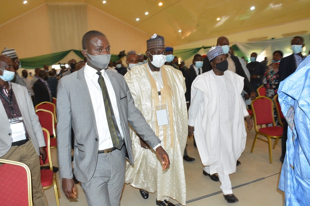 The Hon Minister of Works and Housing, Engr. Abubakar D. Aliyu, FNSE, His Excellency, the Executive Governor of Plateau State, Rt. Hon. Simon Bako Lalong, KSGG, the Permanent Secretary, Federal Ministry of Works and Housing, Babangida Hussaini at the 9th National Council on Lands, Housing &amp; Urban Development (Meeting of the Honourable Minister and Honourable Commissioners) with theme: &quot;Housing Delivery in the Covid-19 Era &amp; Beyond: The Strategies for Affordability &amp; Accessibility&quot; holding in Jos, Plateau State on the 29th April, 2021