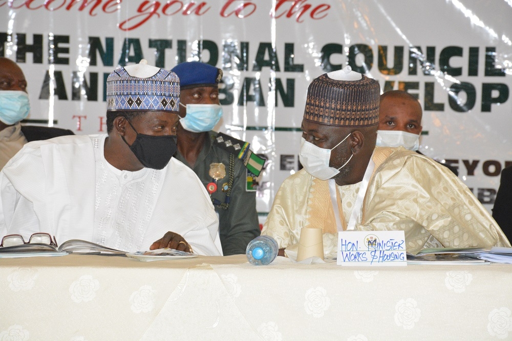 The Hon Minister of Works and Housing, Engr. Abubakar D. Aliyu, FNSE, His Excellency, the Executive Governor of Plateau State, Rt. Hon. Simon Bako Lalong, KSGG, the Permanent Secretary, Federal Ministry of Works and Housing, Babangida Hussaini at the 9th National Council on Lands, Housing &amp; Urban Development (Meeting of the Honourable Minister and Honourable Commissioners) with theme: &quot;Housing Delivery in the Covid-19 Era &amp; Beyond: The Strategies for Affordability &amp; Accessibility&quot; holding in Jos, Plateau State on the 29th April, 2021