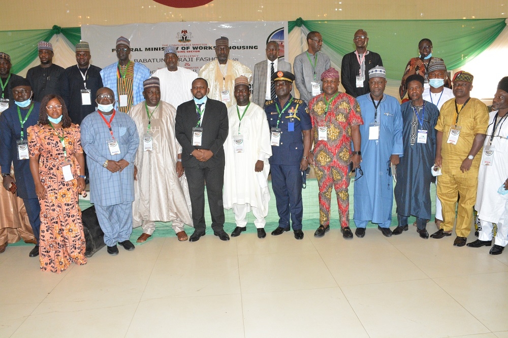 The Hon Minister of Works and Housing, Engr. Abubakar D. Aliyu, FNSE, His Excellency, the Executive Governor of Plateau State, Rt. Hon. Simon Bako Lalong, KSGG, the Permanent Secretary, Federal Ministry of Works and Housing, Babangida Hussaini at the 9th National Council on Lands, Housing &amp; Urban Development (Meeting of the Honourable Minister and Honourable Commissioners) with theme: &quot;Housing Delivery in the Covid-19 Era &amp; Beyond: The Strategies for Affordability &amp; Accessibility&quot; holding in Jos, Plateau State on the 29th April, 2021