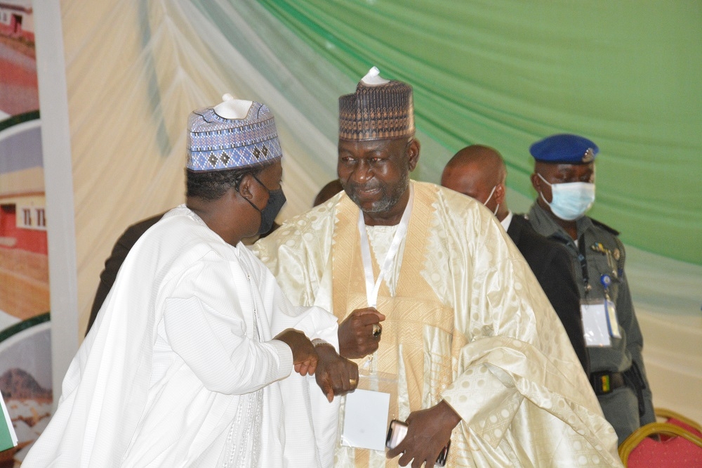 The Hon Minister of Works and Housing, Engr. Abubakar D. Aliyu, FNSE, His Excellency, the Executive Governor of Plateau State, Rt. Hon. Simon Bako Lalong, KSGG, the Permanent Secretary, Federal Ministry of Works and Housing, Babangida Hussaini at the 9th National Council on Lands, Housing &amp; Urban Development (Meeting of the Honourable Minister and Honourable Commissioners) with theme: &quot;Housing Delivery in the Covid-19 Era &amp; Beyond: The Strategies for Affordability &amp; Accessibility&quot; holding in Jos, Plateau State on the 29th April, 2021