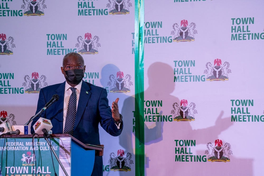 Hon. Minister of Works and Housing, Mr. Babatunde Fashola, SAN addressing the audience during the Town Hall Meeting on Protecting Public Infrastructure organized by the Federal Ministry of Information and Culture at the NAF Conference Centre, Abuja on Monday, 7th June 2021