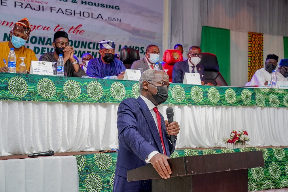 Hon. Minister of Works and Housing, Mr Babatunde Fashola, SAN delivering his Keynote Address  during the 10th Meeting of the National Council on Lands, Housing and Urban Development, with the theme,&quot; Housing Development as a Catalyst for Job Creation, Social Inclusion and Economic Development,&quot; at the D&#039;Podium International Event Centre in Ikeja, Lagos on Thursday, 21st October, 2021. 