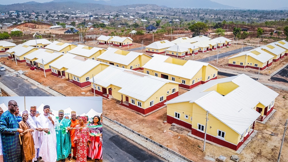 A view of the Homes completed under the National Housing Programme(NHP) Phase I in Kogi State during its commissioning on Monday. INSET: Representative of President Muhammadu Buhari and Senior Special Assistant, Council Services, FCTA, Hon. Muhammad Saba (middle), Senator reprepresenting Kogi East Senatorial District, Senator Isah Jibrin (2nd right), representative of the Hon.Minister of Works and Housing &amp; Director/HOD Public Building and Housing Development, Arc. Solomon Labafillo (2nd left), Federal Controller of Housing, Kogi State, Arc. Hajara Enesi (right) and others at the commissioning of Homes completed under the National Housing Programme (NHP) Phase I located off Lokoja - Okene Highway, Lokoja, Kogi State on Monday, 14th March 2022.