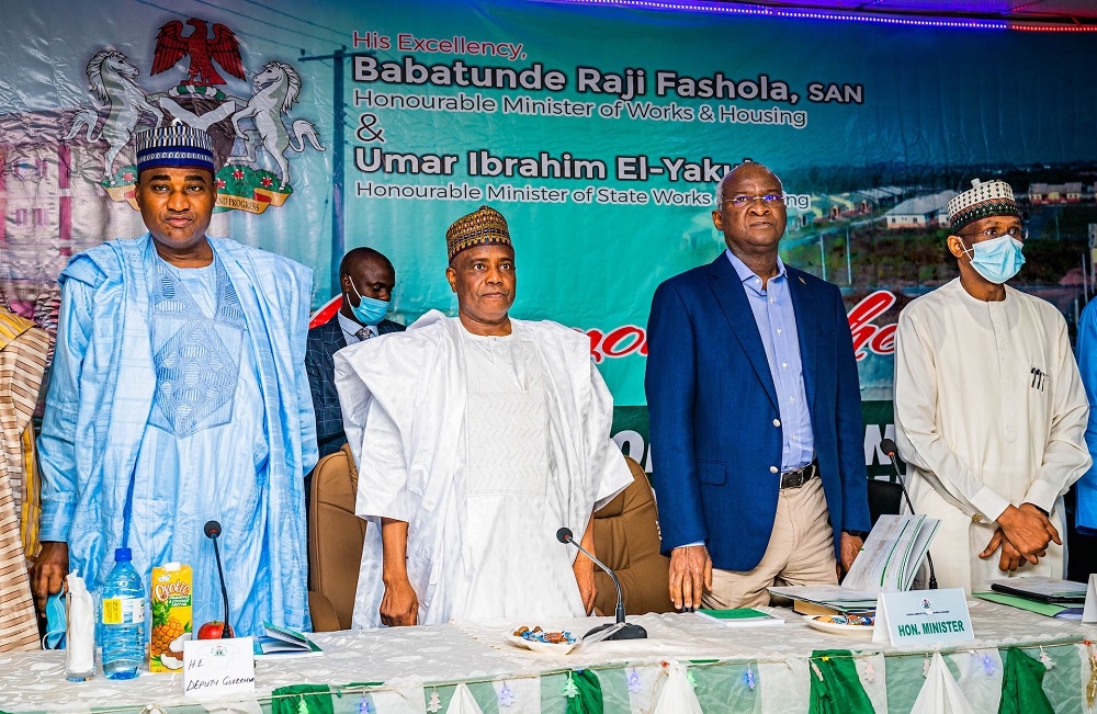 PIX TWO: Hon. Minister of Works and Housing, Mr Babatunde Fashola, SAN (2nd right),Governor of Sokoto State, Hon. Aminu Waziri Tambuwal (2nd left), Permanent Secretary in the Ministry, Mr Bashir Nura AIkali (right) and Deputy Governor of Sokoto State, Hon. Manir Muhammad Dan Iya (left) during the 11th Meeting of the National Council on Lands, Housing and Urban Development with the theme, &quot;Housing Our People, by All of Government and All Our People,&quot; at the Dankani Guest Palace Hotels Ltd, Sokoto, Sokoto State on Thursday, 28th July 2022. 