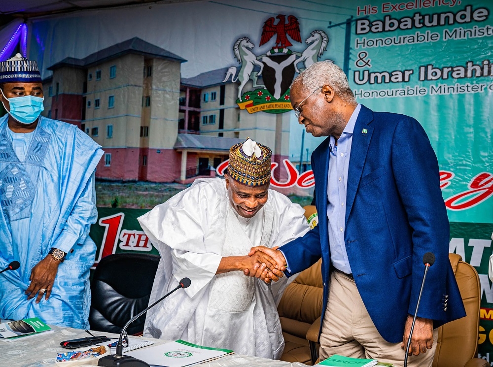 PIX FIVE: Hon. Minister of Works and Housing, Mr Babatunde Fashola, SAN (right), the Governor of Sokoto State, Hon. Aminu Waziri Tambuwal (middle) and Deputy Governor of Sokoto State, Hon Manir Muhammad Dan Iya (left) during the 11th Meeting of the National Council on Lands, Housing and Urban Development with the theme, &quot;Housing Our People, by All of Government and All Our People,&quot; at the Dankani Guest Palace Hotels Ltd, Sokoto, Sokoto State on Thursday, 28th July 2022. 