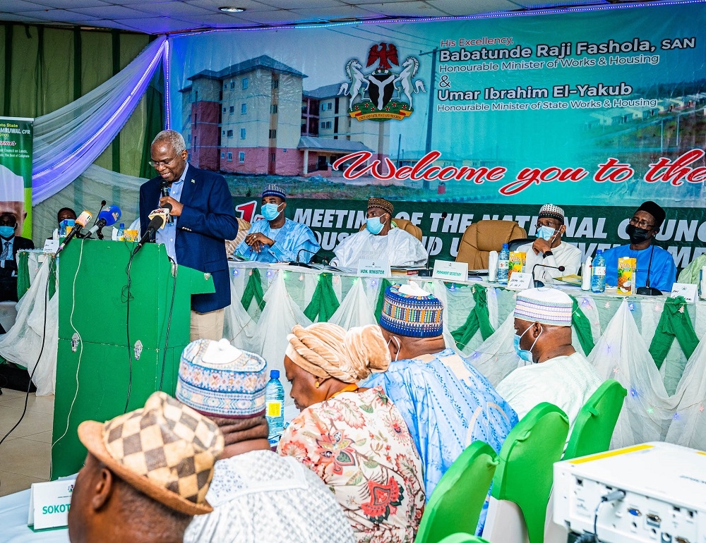 PIX FOUR: Hon. Minister of Works and Housing, Mr Babatunde Fashola, SAN (left) addressing the Participants during the 11th Meeting of the National Council on Lands, Housing and Urban Development with the theme, &quot;Housing Our People, by All of Government and All Our People,&quot; at the Dankani Guest Palace Hotels Ltd, Sokoto, Sokoto State on Thursday, 28th July 2022. 