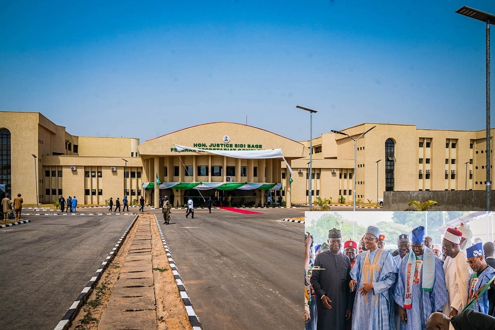 SEASON OF COMPLETION, COMMISSIONING AND IMPACT...A View of the Federal Secretariat Complex in Bukar Sidi, along Jos road, Lafia, Nasarawa State on Saturday, 4th February 2023.  INSET: President Muhammadu Buhari(3rd left), Hon. Minister of Works and Housing, Mr. Babatunde Fashola, SAN (left),President of the Senate, Senator Ahmad Lawan (2nd right), Governor of Nasarawa State, Engr. Abdullahi Sule (2nd right),Governor of Ebonyi State, Engr. David Nweze Umahi (2nd left), Emir of Lafia and Chairman, Nasarawa State Council of Chiefs,  Hon. Justice Sidi Bage (2nd right), Hon. Minister of Environment, Mr Mohammed Abdullahi  and others during the Commissioning of the Federal Secretariat Complex named by the President in honour of Hon. Justice Sidi Bage in Bukar Sidi, along Jos road, Lafia, Nasarawa State on Saturday, 4th February 2023. 