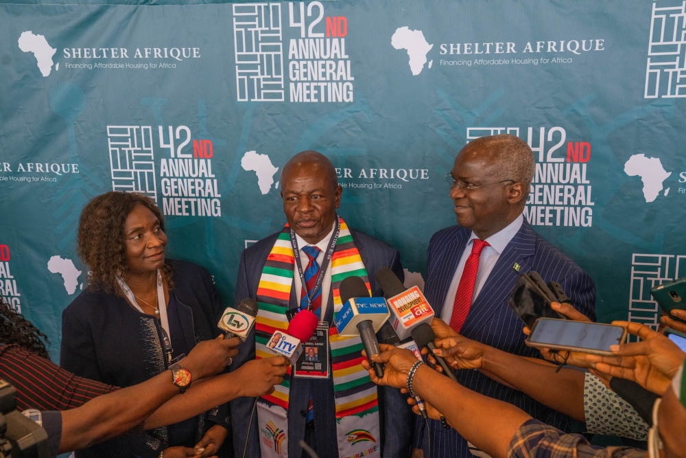 Hon. Minister of Works & Housing and Chairman of the Board of Shelter Afrique, Mr Babatunde Fashola,SAN (right), Outgoing AGM Chairman and Hon. Minister of National Housing & Social Amenities, Republic of Zimbabwe, Hon. Daniel Garwe (middle) and Chairperson of the Board of Directors, Shelter Afrique, Dr Chii Akporji (left) during the Opening Programme of the 42nd Annual General Meeting and Symposium of Shelter Afrique with the theme," Political Economy in the Built Environment," jointly organized by the Federal Ministry of Works & Housing and Shelter Afrique at the Transcorp Hilton Abuja on Monday, 6th May 2023