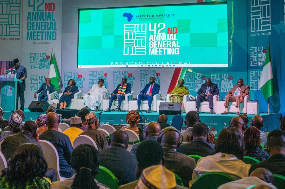 Representative of the President and Hon. Minister of Finance, Budget & National Planning, Mrs Zainab Shamsuna Ahmed (3rd right) , Hon. Minister of Works & Housing and Chairman of the Board of Shelter Afrique, Mr Babatunde Fashola,SAN (4th right), Outgoing AGM Chairman and Hon. Minister of National Housing & Social Amenities, Republic of Zimbabwe, Hon. Daniel Garwe (4th left) and Hon.Minister of State, Works and Housing , Hon. Umar El - Yakub (3rd left), representative of the Hon.Minister of the Federal Capital Territory & Permanent Secretary of the FCTA, Mr Adesola Olusade (2nd right), Ag.Permanent Secretary,  Ministry of Works and Housing, Engr. Folorunso Esan (right), Chairperson of the Board of Directors, Shelter Afrique, Dr Chii Akporji (2nd left) and Managing Director & CEO, Shelter Afrique, Mr Thierno - Habib Hann during  the Opening Programme of the 42nd Annual General Meeting and Symposium of Shelter Afrique with the theme," Political Economy in the Built Environment," jointly organized by the Federal Ministry of Works & Housing and Shelter Afrique at the Transcorp Hilton Abuja on Monday, 6th May 2023