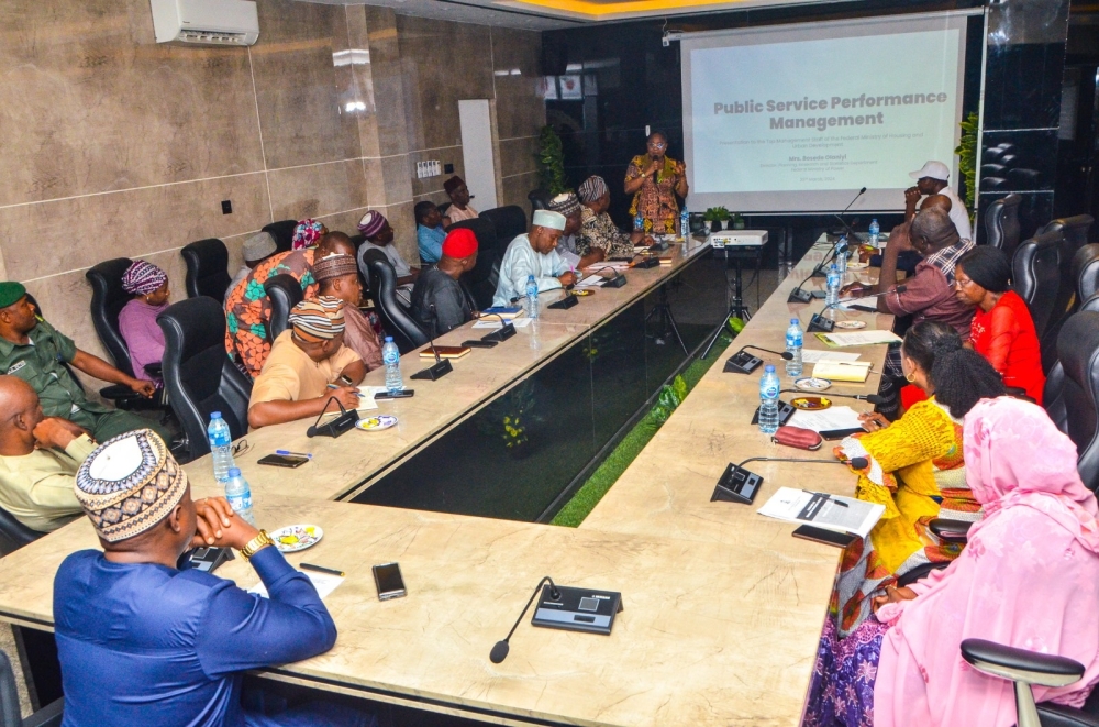 Permanent Secretary, FMHUD, Dr Marcus Ogunbiyi   at a Sensitisation Workshop on PMS for Directors and Heads of Unit,Thursday,  March 28th,2024