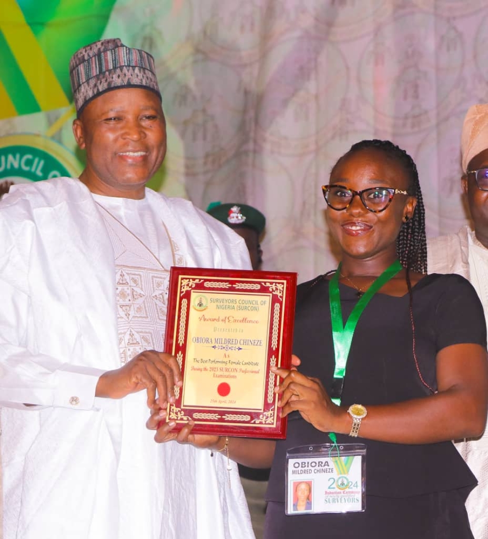 Hon Minister of State, Housing and Urban Development, Abdullahi Tijjani Gwarzo, Chief Host of the 2024 Surveyors Council of Nigeria Induction Ceremony of New Surveyors, held at Chida International Hotel, Abuja, Thursday, April 25th, 2024.