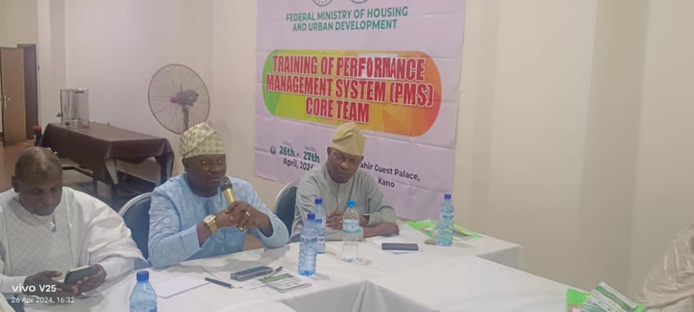 The Permanent Secretary, Federal Ministry of Housing and Urban Development, Dr. Marcus O. Ogunbiyi with senior staff of the Ministry at the Performance Management System (PMS) Workshop held in Kano State on the   26th of April, 2024.