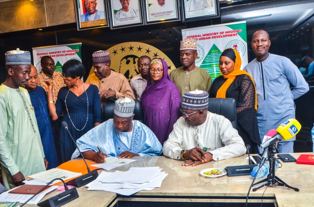 The Permanent Secretary,  Federal Ministry of Housing and Urban Development,  Dr. Marcus O. Ogunbiyi with Directors / Head of Units at the signing of the Performance Management Contract at the Ministry's Headquarter, Mabushi, Abuja on the 4th of July, 2024