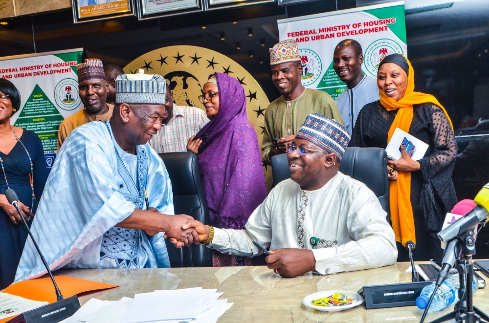 The Permanent Secretary,  Federal Ministry of Housing and Urban Development,  Dr. Marcus O. Ogunbiyi with Directors / Head of Units at the signing of the Performance Management Contract at the Ministry's Headquarter, Mabushi, Abuja on the 4th of July, 2024