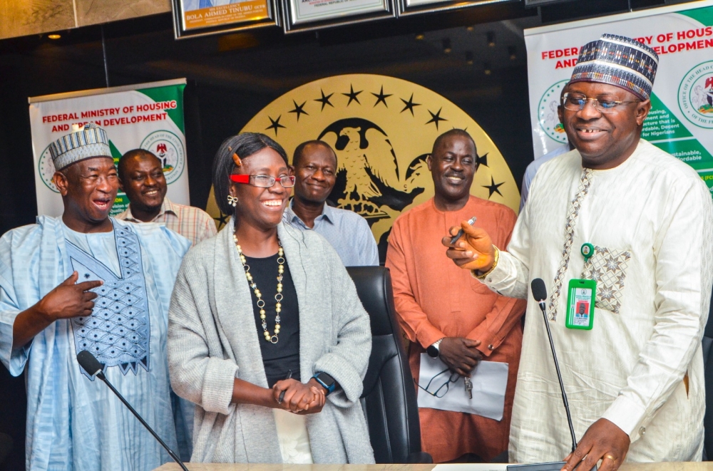 The Permanent Secretary,  Federal Ministry of Housing and Urban Development,  Dr. Marcus O. Ogunbiyi with Directors / Head of Units at the signing of the Performance Management Contract at the Ministry's Headquarter, Mabushi, Abuja on the 4th of July, 2024