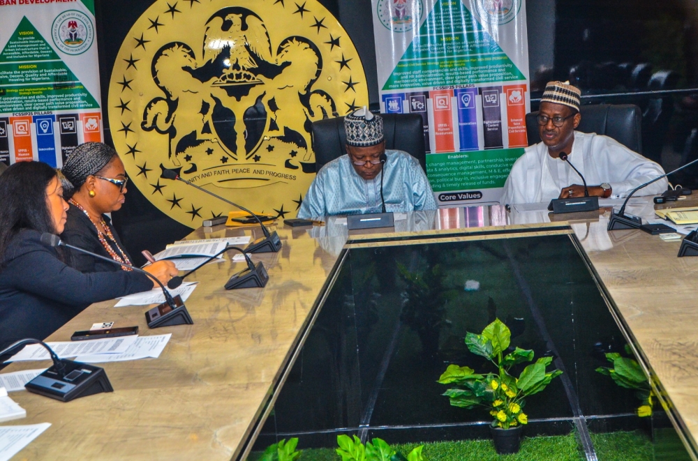 (Middle) Hon. Minister of  Housing and Urban Development Arc. Ahmed Musa Dangiwa; (5th Left) Hon. Minister of State Housing and Urban Development, Abdullahi Tijjani Gwarzo; (5th Right) Permanent Secretary  Ministry of Housing and Urban Development, Dr. Marcus O. Ogunbiyi, during a meeting with Delegates of the UK Build and Construction West Africa Trade Mission. Monday 22nd July, 2024