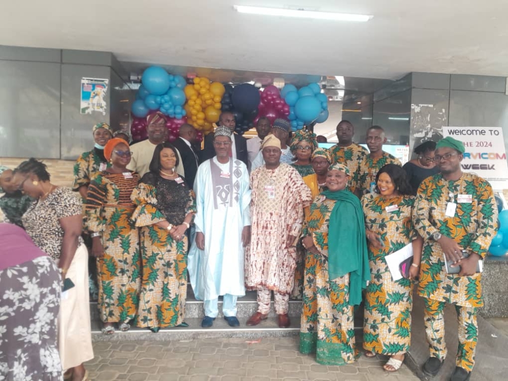 Ocassion of the Celeberation of Year 2024 SERVICOM Customer Service Week, Monday,  October 7th, 2024.  Hon Minister, Arch Ahmed Dangiwa and Permanent Secretary, Dr Marcus Ogunbiyi , Head, Reform Coordination & Service Improvement in a group photograph with Servicom Ambassadors in the Ministry.