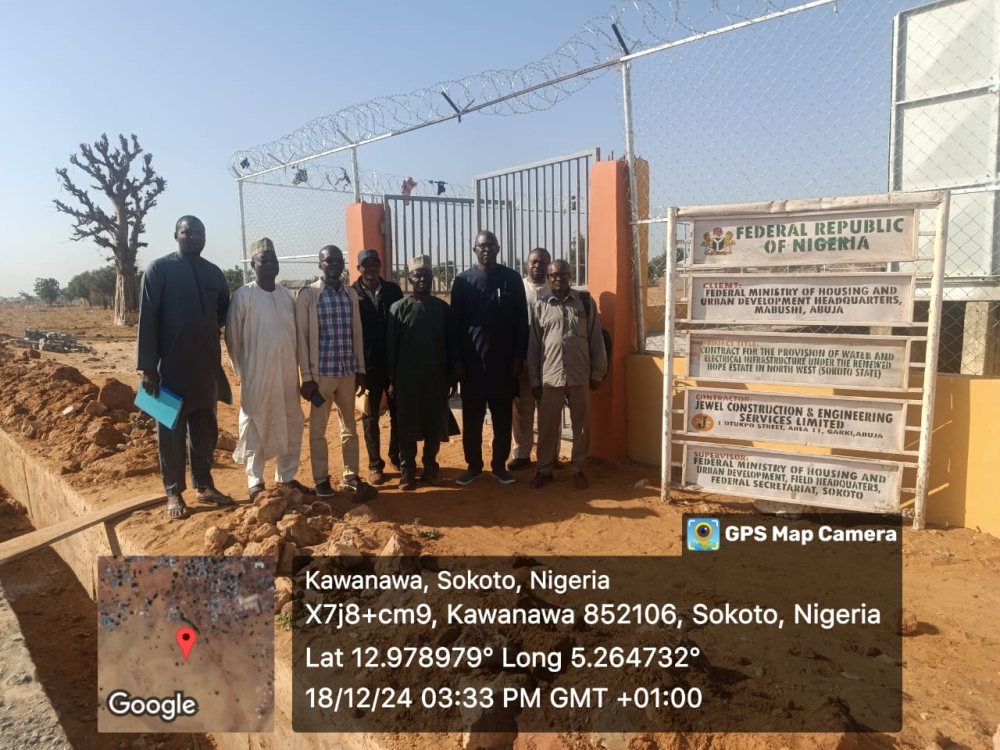 INSPECTION VISIT OF THE WATER PROJECT FOR RENEWED HOPE HOUSING PROGRAMME (RHHP) SITE AT SOKOTO STATE BY THE DIRECTOR/HOD CIVIL ENGINEERING. HE WAS RECEIVED AT THE SITE BY THE CONTROLLER AND THE FIELD OFFICE STAFF ON 18TH DECEMBER 2024.