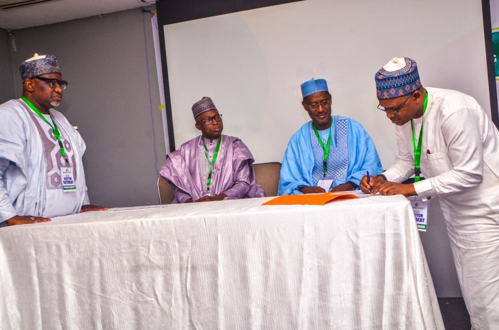 Hon Minister of Housing and Urban Development, Arc. Ahmed Musa Dangiwa signed Performance Contract with the heads of the Housing Agencies; FHA, FMBN and Surveyor General of Federation, @ Radisson Blu Hotel,, Ikeja, Lagos, Wednesday  19th, February,  2025