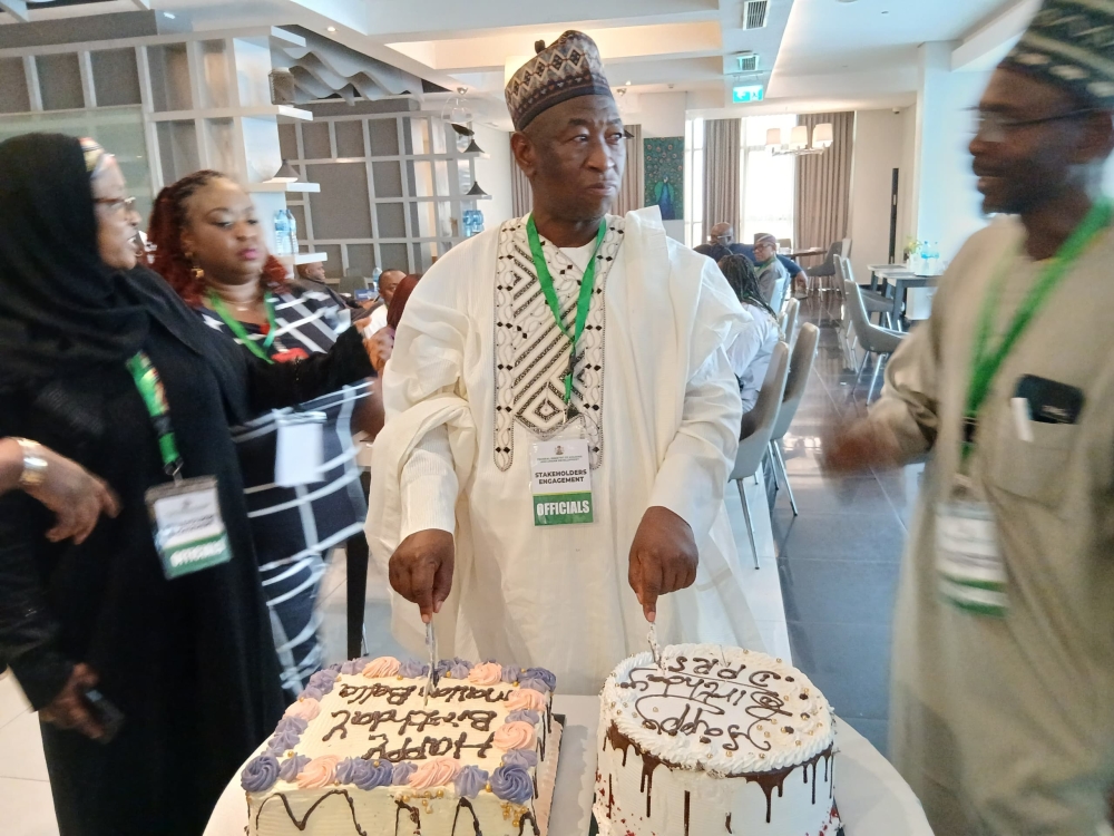 Birthday celebration moment for the Director PRS, Muhammad Bala Saulawa @ Radisson Blu Hotel, Thursday,  20th February,  2025 Hon Minister, Minister of State and Permanent Secretary with the celebrant