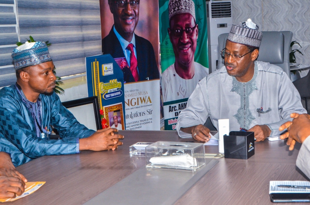 Courtesy visit to the Hon Minister,  FMHUD, Arc. Ahmed Dangiwa by the Leadership Newspaper Group Limited, led by GMD, Mu'azu Elazeh. With the Hon Minister is the Director Press, Badamasi Haiba and SA Communication,  Mark Cheise, Monday, 10th March,  2025.