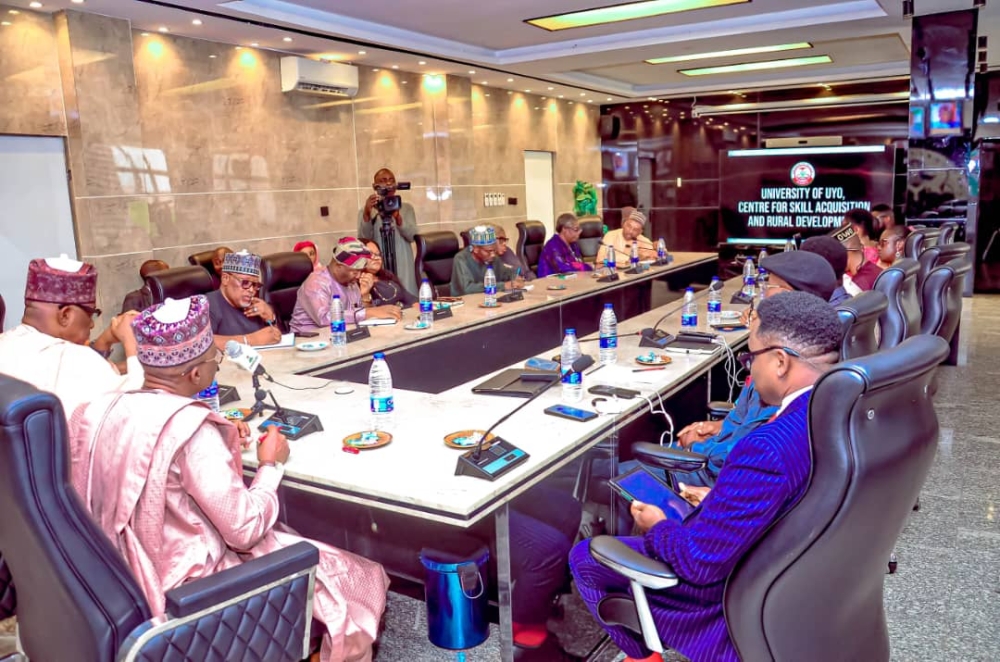 Hon Minister of State,  Rt Hon Abdullahi Ata and Permanent Secretary, Dr Shuaib Belgore in a meeting with the delegation from the University of Uyo, Center for Skills Acquistion and Rural Development at the Conference room of the Ministry,  Mabushi,  Abuja