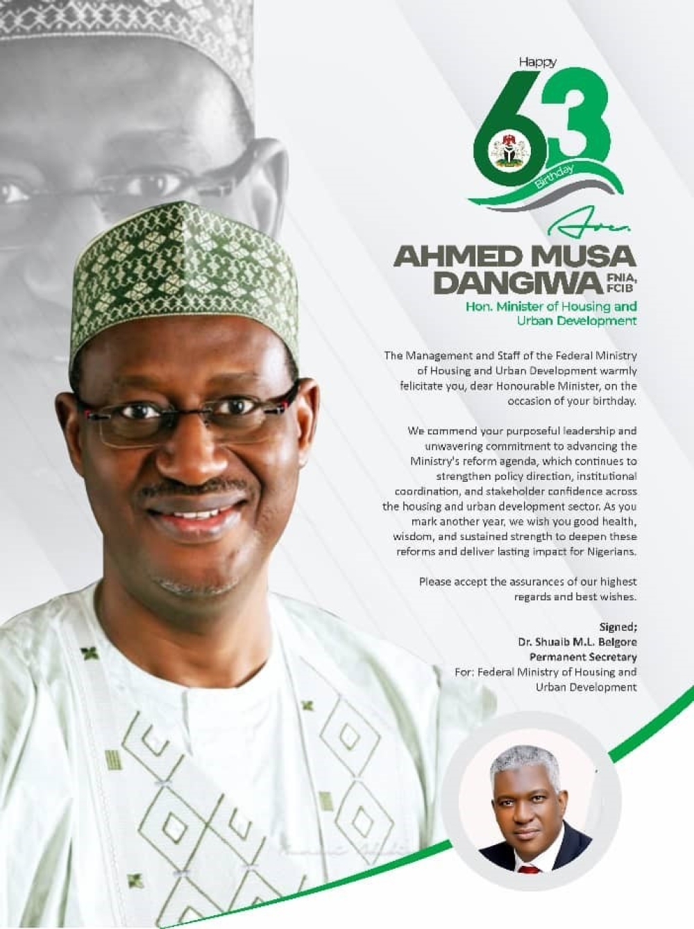 Occassion of the 63rd Birthday Celebration of Hon Minister,  FMHUD,  Arc Ahmed Musa Dangiwa,  FNIA,  FCIB with the management staff of the Ministry led by the Permanent Secretary,  Dr Shuaib Belgore,  Tuesday,  January 10th, 2026 in his Office @ Mabushi, Abuja, FCT